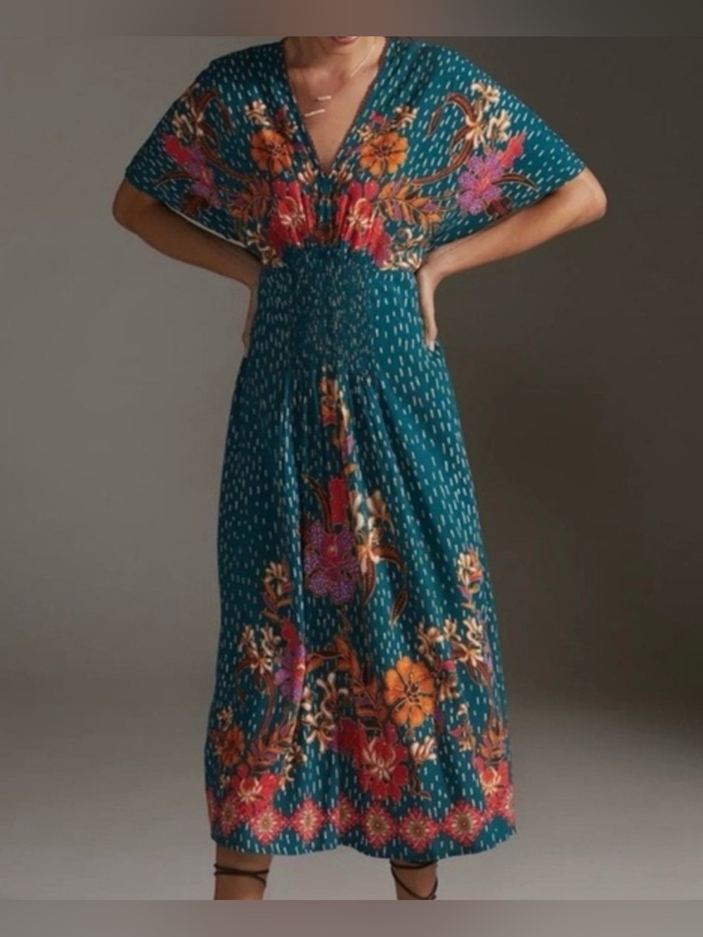 Blank London Tatiana Floral Green Midi Dress Kaftan Anthropologie One Size
